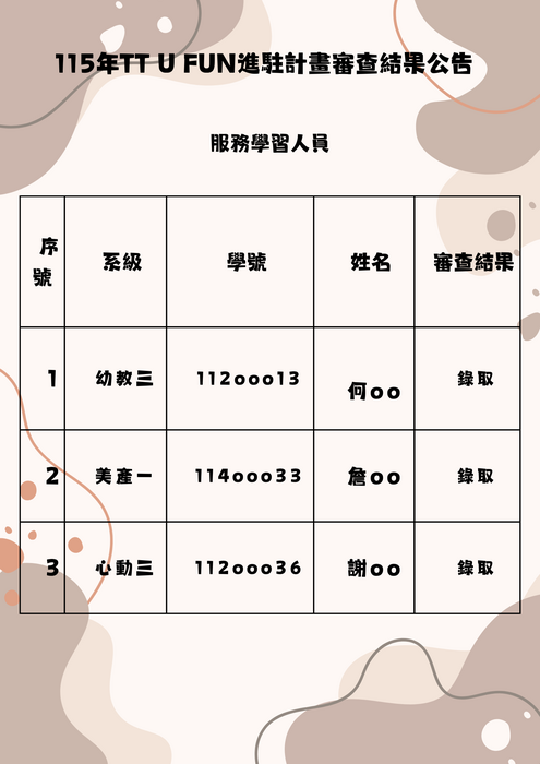 服務學習人員公告名單